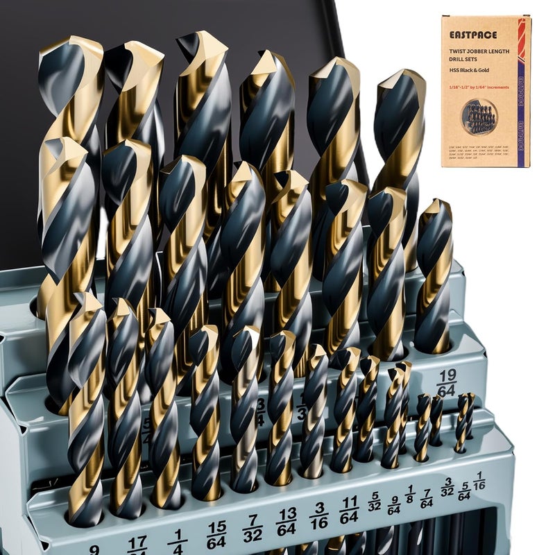EASTPACE 29Pcs Drill Bit Set 1/16"-1/2", HSS with Black and Gold Finish, Twist Jobber Drill Bit Kit with Index Case for Cast Iron, Hard Metal, Stainless Steel, Plastic and Wood - Image 1